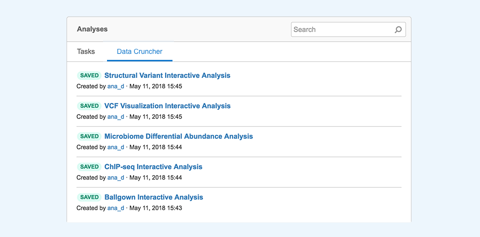 The list of available Data Cruncher Analyses